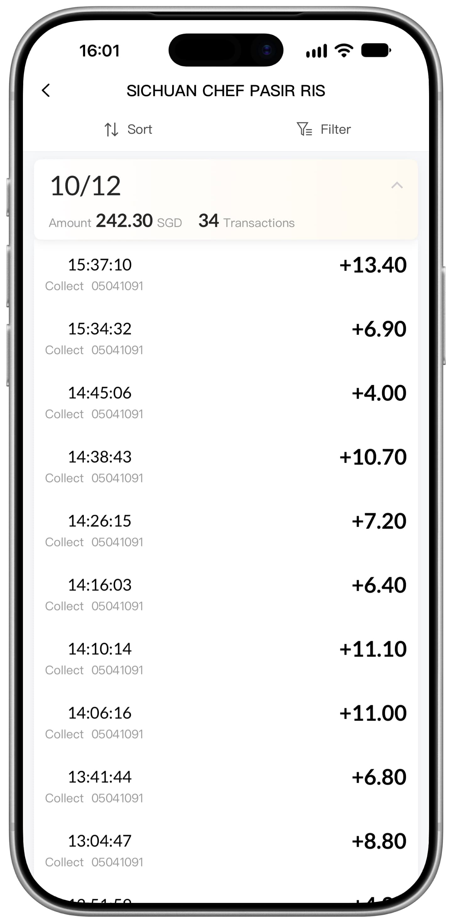 Original AiMT Horizon App payment ledger screen example, shown in English