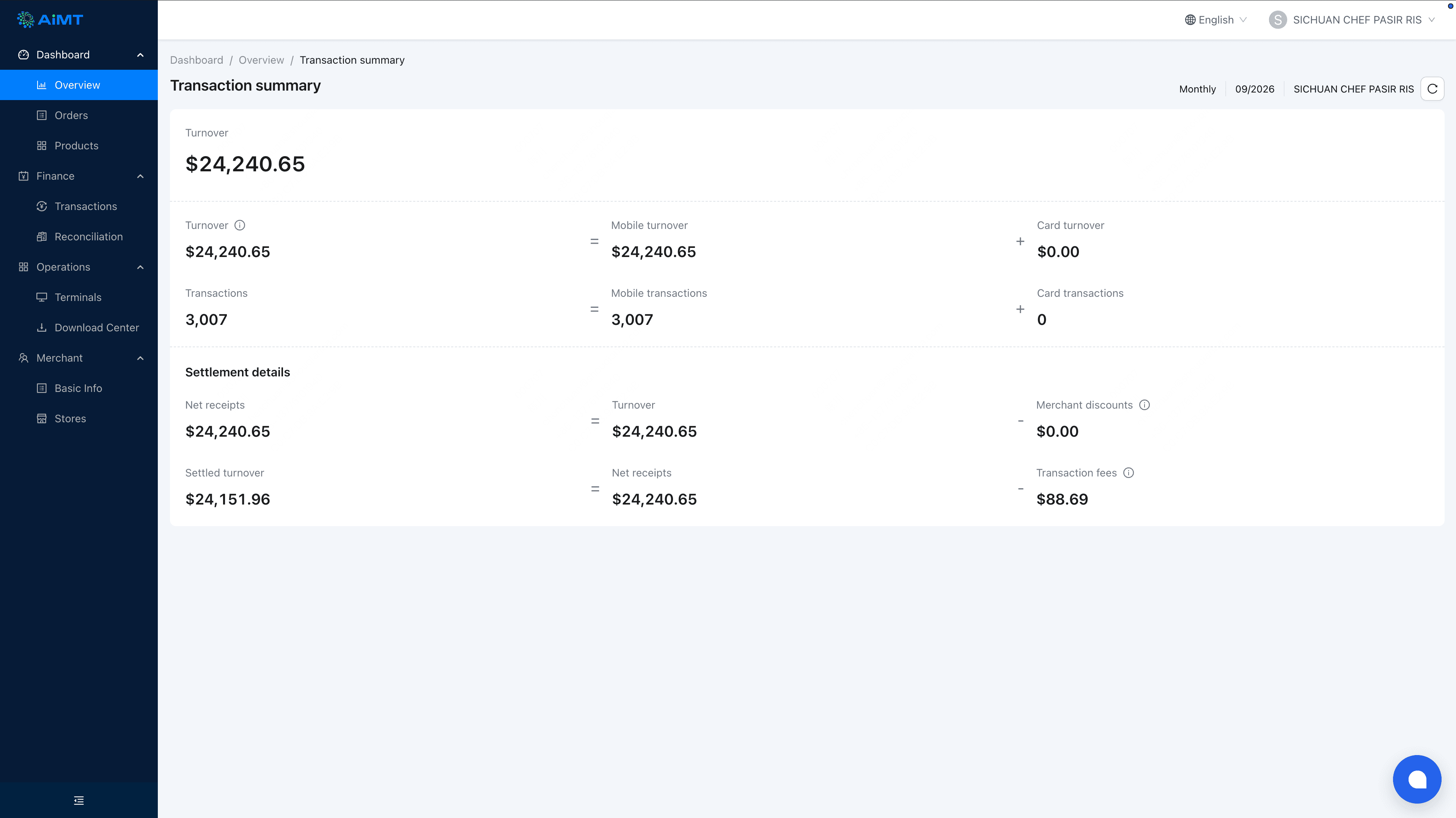 English AiMT merchant platform transaction summary showing turnover breakdown and settlement details